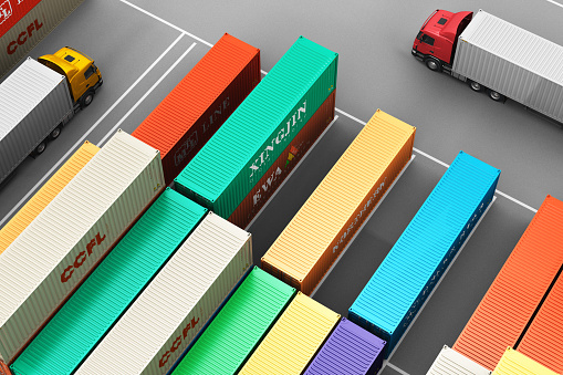 Creative abstract cargo freight transportation, shipping, logistics, delivery and distribution commercial business concept: 3D render illustration of aerial above view of the group of stacked 40 ft color metal heavy containers and trailer trucks in sea port terminal