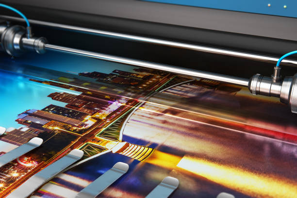 Printing photo banner on large format color plotter 3D render illustration of printing photo banner on large format color plotter in typography or print house printshop digital printing house stock pictures, royalty-free photos & images