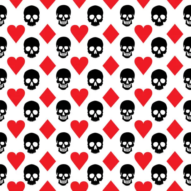 Vector illustration of Black Skulls And Red Aces Seamless Pattern