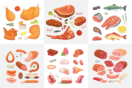 Different kind of meat food icons set vector. Raw ham, set grill chiken, piece of pork, meatloaf, whole leg, beef and sausages. Salmon fish and seafood