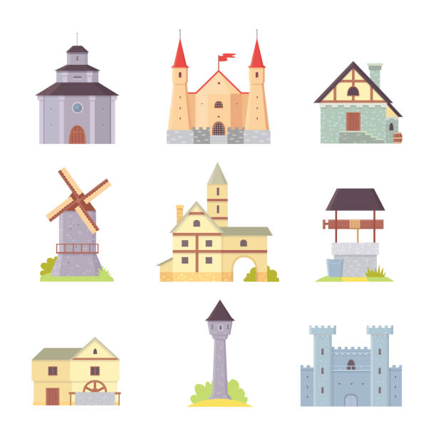 Old castle, europe palace building vector illustrations. Medieval historical buildings, architecture Towers and old city houses. Old castle, europe palace building vector illustrations. Medieval historical buildings, architecture Towers and old city houses medieval architecture stock illustrations