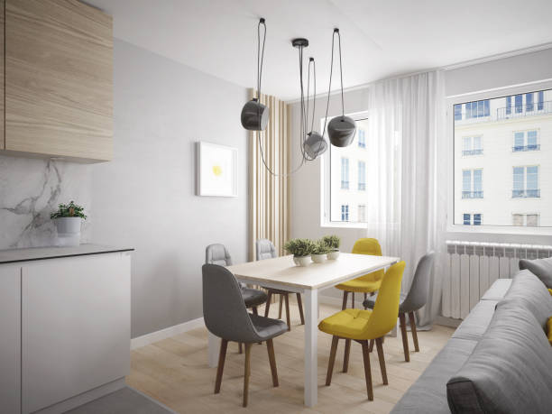 Modern and cheerful dining room in beautiful apartment 3d render breakfast room stock pictures, royalty-free photos & images