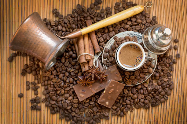 istock Turkish coffee with delight and traditional copper serving set 1051407000