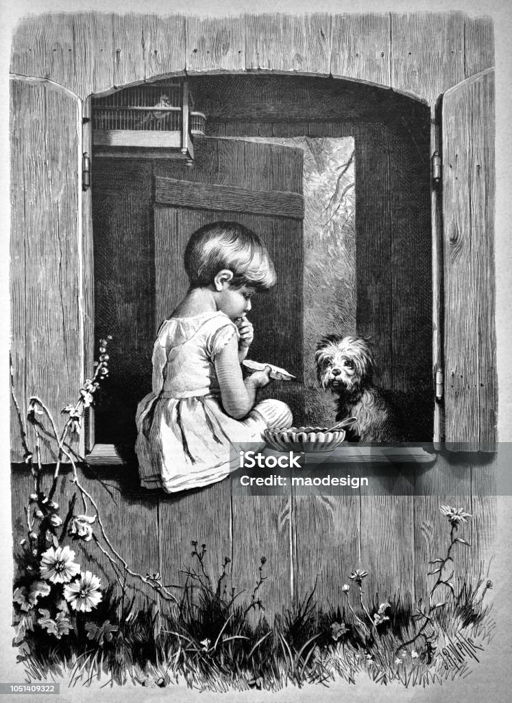 Girl with the dog is sitting at the window - 1888 Dog stock illustration