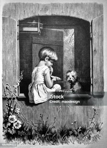 Girl With The Dog Is Sitting At The Window 1888 Stock Illustration - Download Image Now - Dog, Pet Owner, 1880-1889