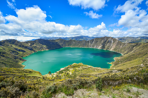 Quilotoa Ecuador lagoon in volcano with turquoise water. Visit beautiful places in the world and enjoy traveling to unique sights.