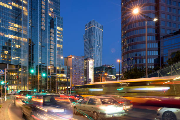 Warsaw, Poland - Oct 1, 2018: Heavy traffic during rush hour in the business district of Warsaw, Poland