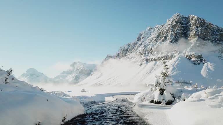 Aerial view of waterfront with Snow in winter, Bow Lake