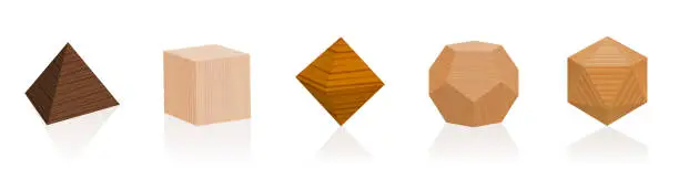 Vector illustration of Platonic solids. Wooden parts from different trees. Geometric woodwork sample set with various colors, glazes, textures. Isolated vector on white background.