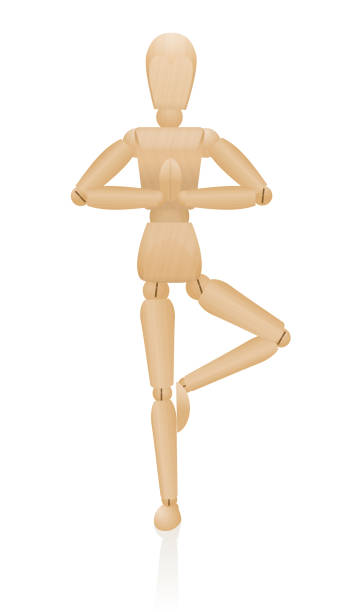 istock Yoga balance figure. Artist manikin with folded hands, standing on one leg with - three-dimensional mannequin with realistic wood grain. Isolated vector illustration over white background. 1051428322