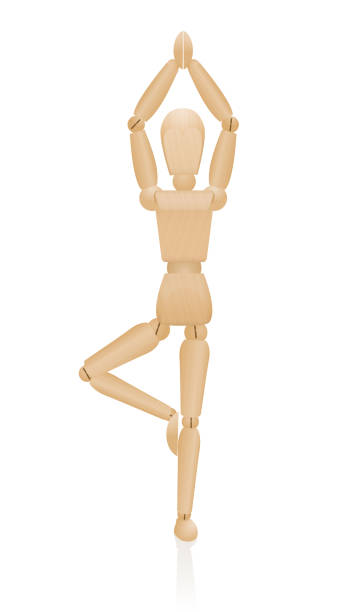 istock Standing yoga pose. Tree Pose or Vrikshasana. Wooden figure standing on one leg with arms raised above the head -   exercise for balance, relaxation, concentration and  meditation.  Vector over white. 1051428324