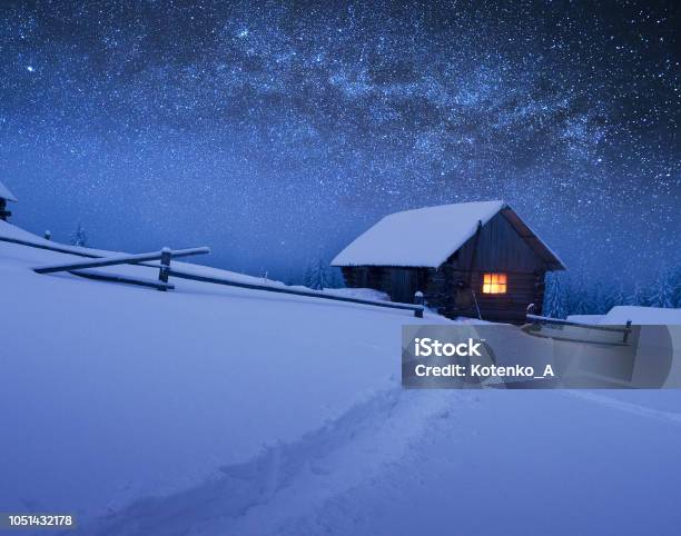 Christmas Landscape With Starry Sky Stock Photo - Download Image Now - Winter, Log Cabin, Christmas