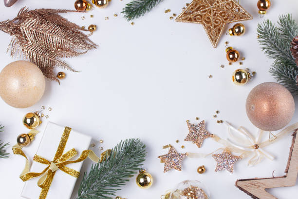 istock Christmas flat lay scene with golden decorations 1051434702