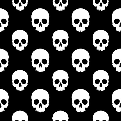 Vector seamless pattern of scary human skull heads on a black background.