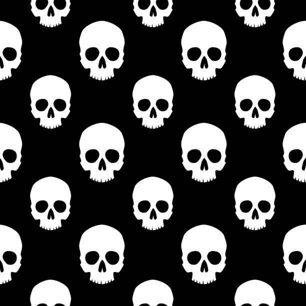 White Human Skulls Seamless Pattern Vector seamless pattern of scary human skull heads on a black background. skulls stock illustrations