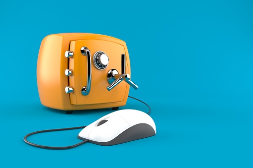 Computer mouse with safe isolated on blue background. 3d illustration