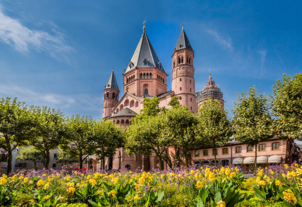 ancient cathedral in meinz, germany - catedral imagens e fotografias de stock