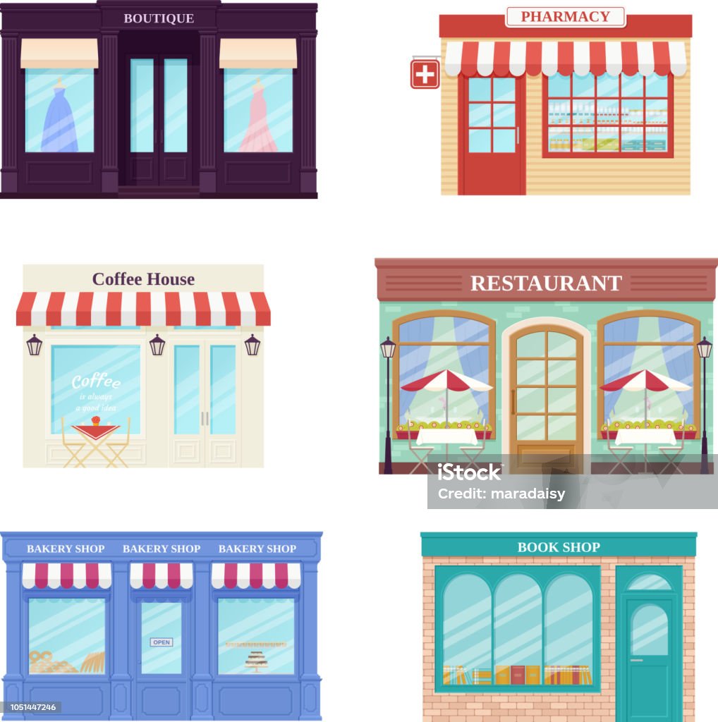 Shop, store front. Vector illustration. Storefront facades set. Shop, store front. Vector. Storefronts boutique, cafe, restaurant, pharmacy, bakery store and book shop. Set facade retail buildings isolated in flat design. Cartoon illustration. Street architecture. Boutique stock vector