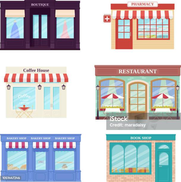 Shop Store Front Vector Illustration Storefront Facades Set Stock Illustration - Download Image Now