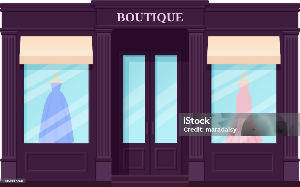 Boutique storefront, shop. Vector illustration. Vintage store front. Boutique storefront, shop. Vector. Vintage store front. Facade retail building with window. Exterior house, retro street architecture. Cartoon illustration isolated in flat design. Advertisement stock vector