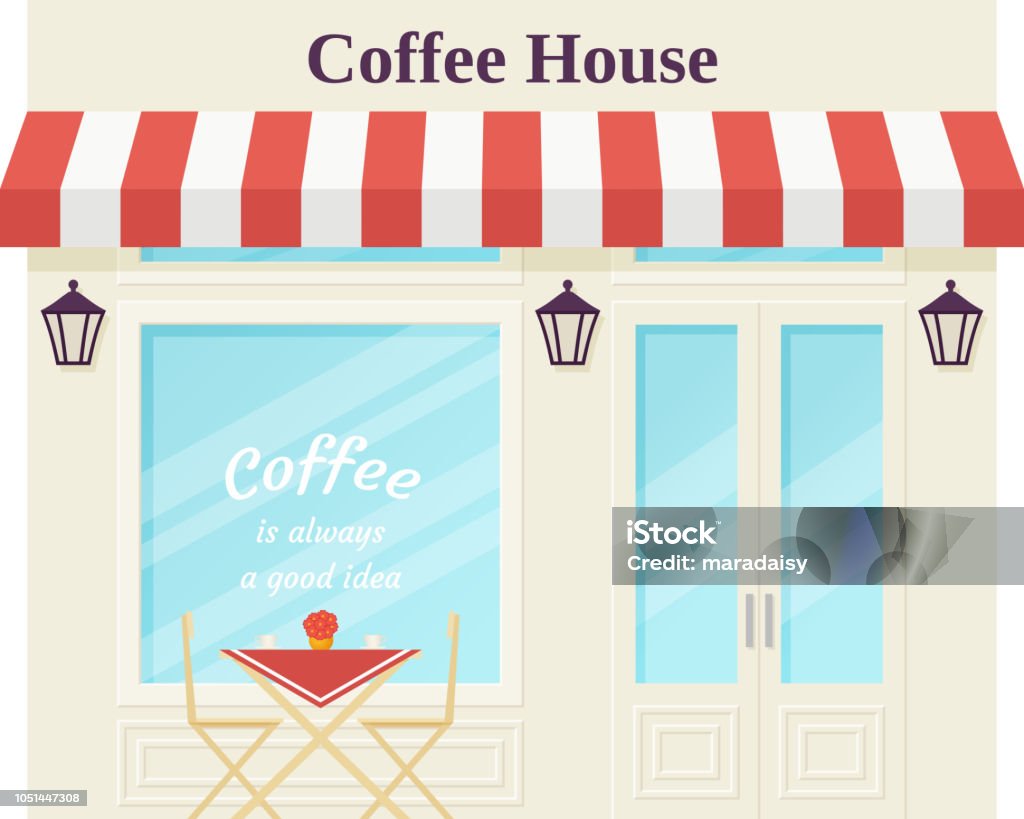 Cafe shop, storefront. Vector illustration. Coffee house facade. Cafe shop, storefront. Vector. Coffee house, vintage store front. Facade retail building with window. Retro street exterior architecture. Cartoon illustration isolated in flat design. Advertisement stock vector