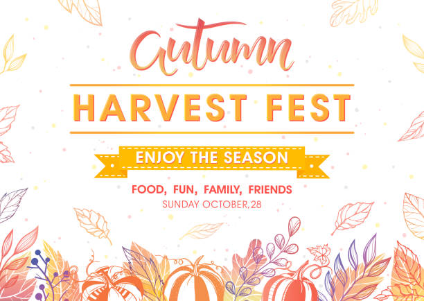 Autumn harvest festival poster Autumn harvest festival poster with harvest symbols, leaves and floral elements in fall colors.Harvest fest design perfect for prints, flyers,banners,invitations and more.Vector autumn illustration. harvest festival stock illustrations