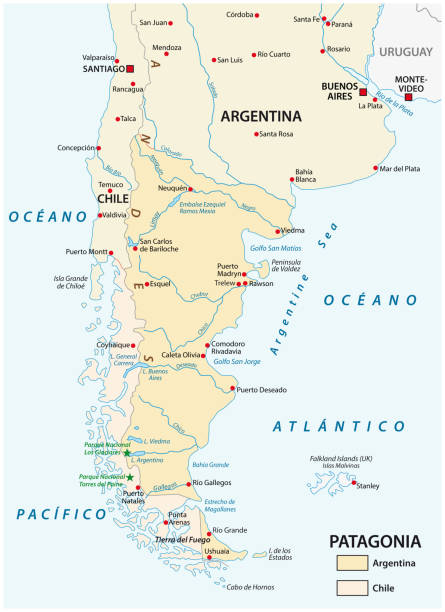 ilustrações de stock, clip art, desenhos animados e ícones de map of patagonia, the southern part of south america, chile and argentina. - argentina map chile cartography