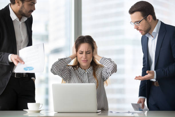 Female boss in despair abstracting from work closing ears Stressed frustrated female CEO or boss closing ears abstracting from annoying colleagues or subordinates, woman feeling despair avoiding bothering clients, ignoring solving problems, do not want work man closing ears photos stock pictures, royalty-free photos & images