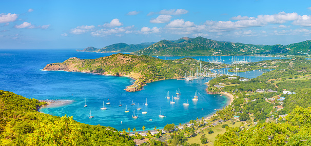 Aerial view of Marina and shipping dock near Crown Bay, St. Thomas, US Virgin Islands on a sunny day