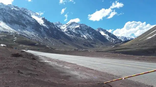 Photo of Road in Los Andes, Mendoza, Los Libertadores border crossing. Border between Argentina and Chile with snow-covered peaks.