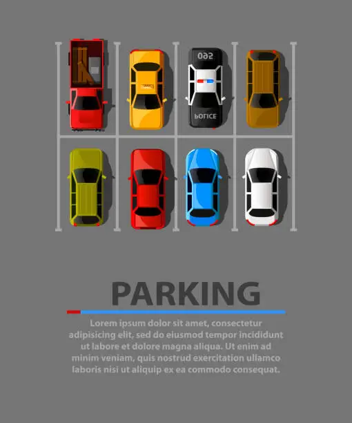 Vector illustration of City parking vector web banner. Shortage parking spaces. Many cars in a crowded parking. Parking zone.