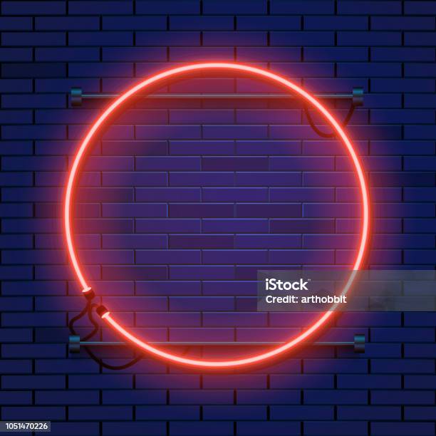 Telaio Circolare Lampada Al Neon Su Sfondo Muro Di Mattoni Concetto Di Las Vegas - Immagini vettoriali stock e altre immagini di Neon