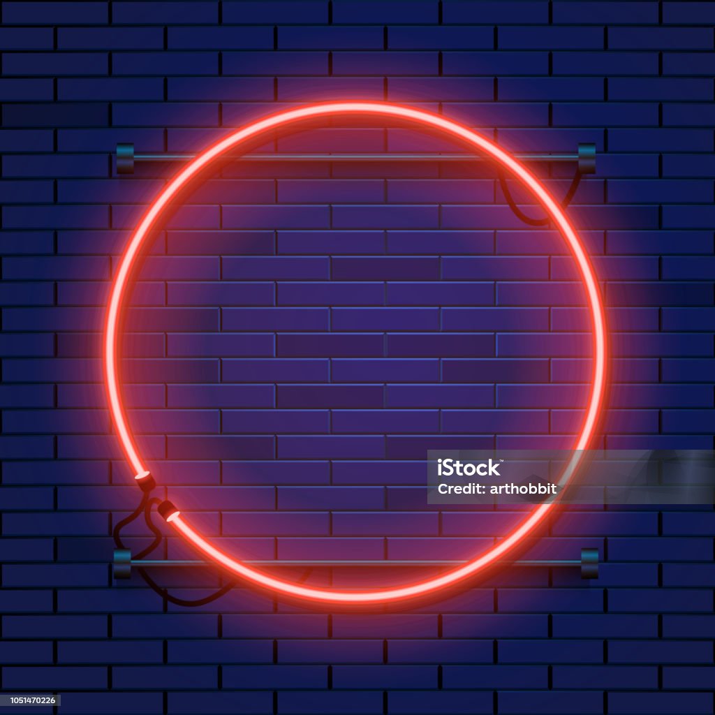 Neon lamp circle frame on brick wall background. Las Vegas concept. Neon lamp circle frame on brick wall background. Las Vegas concept. Vector illustration. Neon Lighting stock vector