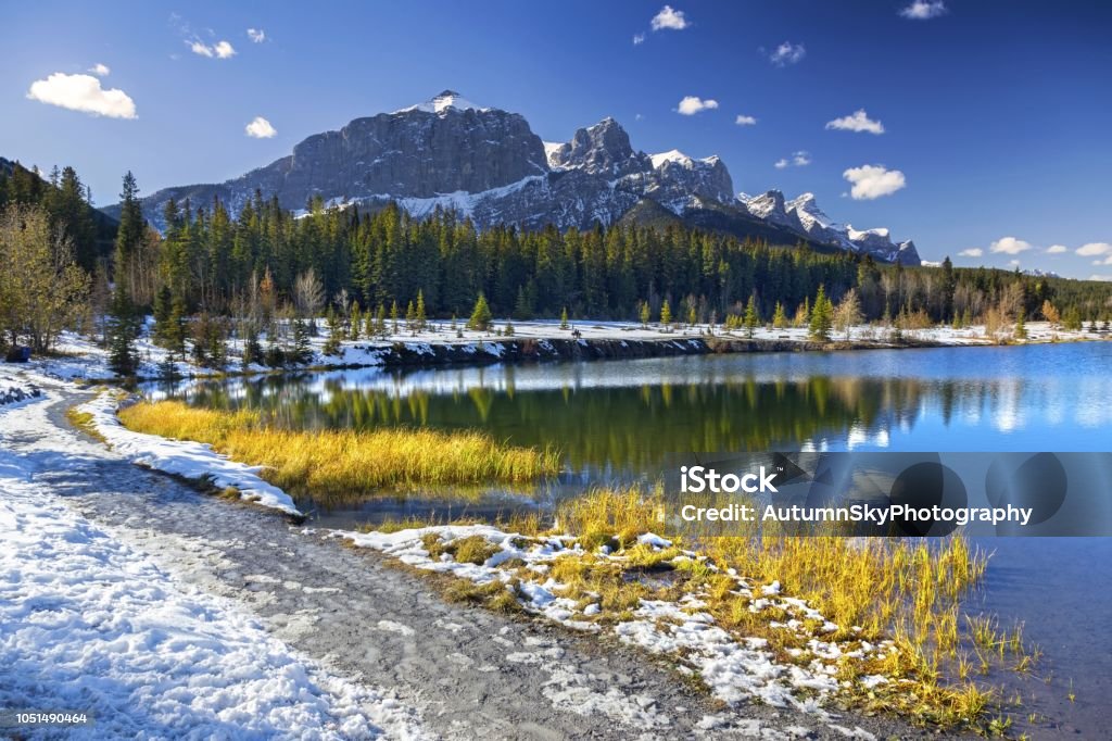 Banff Spring Rundle Stone Quarry Quarry Lake And Rundle Mountain Range Above Canmore Alberta Stock Photo ...