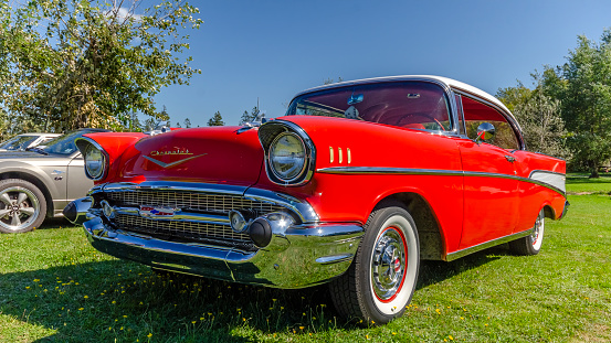 Canning, Nova Scotia, Canada - September 23, 2018: 1957 Chevrolet Bel Air on display by owner at \