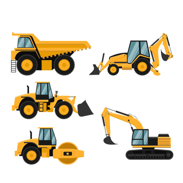 illustrazioni stock, clip art, cartoni animati e icone di tendenza di insieme di macchinari pesanti per l'edilizia e l'estrazione mineraria - caterpillar truck