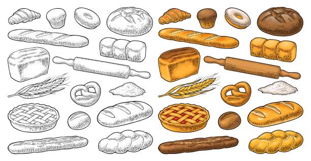 illustrazioni stock, clip art, cartoni animati e icone di tendenza di imposta il pane. illustrazione di incisione vintage nera vettoriale - grano graminacee illustrazioni