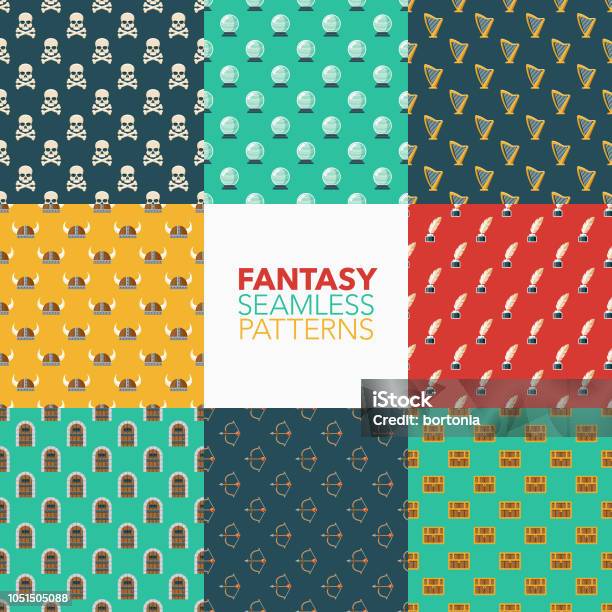 Fantasy Seamless Pattern Set Stock Illustration - Download Image Now - Adventure, Archery, Backgrounds
