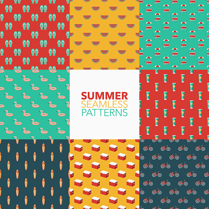 A set of eight seamless patterns created from a single flat design icon. All patterns can be tiled on all sides. File is built in the CMYK color space for optimal printing and can easily be converted to RGB. No gradients or transparencies used, the shapes have been placed into a clipping mask.