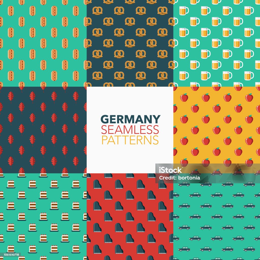 Germany Seamless Pattern Set A set of eight seamless patterns created from a single flat design icon. All patterns can be tiled on all sides. File is built in the CMYK color space for optimal printing and can easily be converted to RGB. No gradients or transparencies used, the shapes have been placed into a clipping mask. Backgrounds stock vector