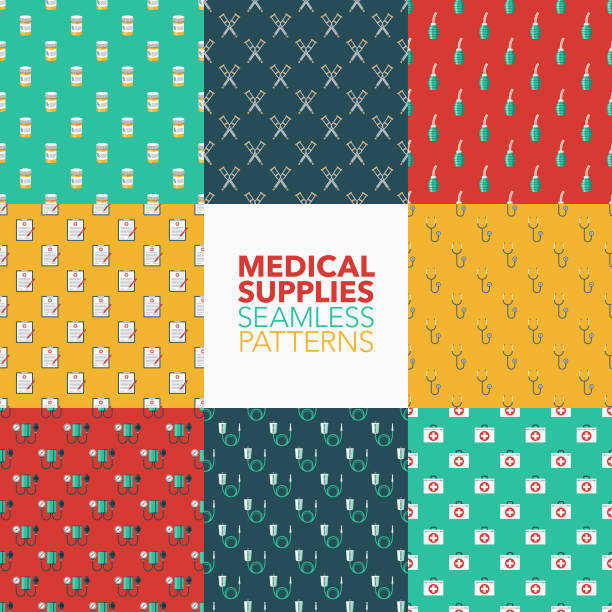 Medical Supplies Seamless Pattern Set A set of eight seamless patterns created from a single flat design icon. All patterns can be tiled on all sides. File is built in the CMYK color space for optimal printing and can easily be converted to RGB. No gradients or transparencies used, the shapes have been placed into a clipping mask. doctor patterns stock illustrations
