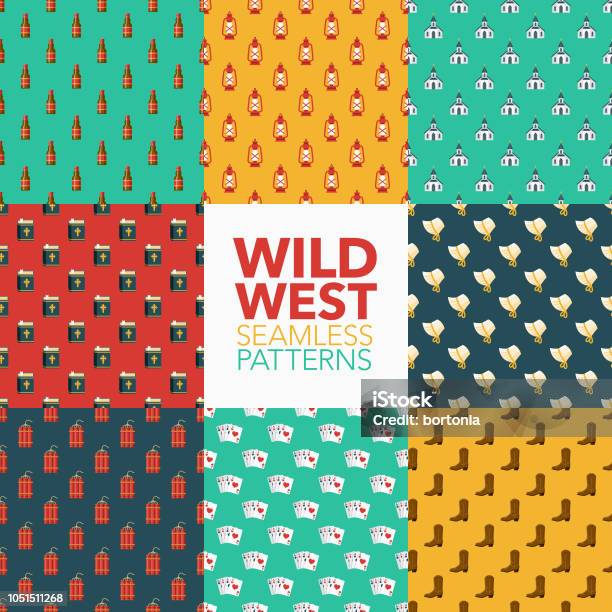 Wild West Seamless Pattern Set Stock Illustration - Download Image Now - Whiskey, Pattern, Desert Area