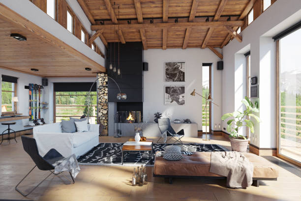 modernes chalet interieur. - contemporary apartment house loft apartment stock-fotos und bilder