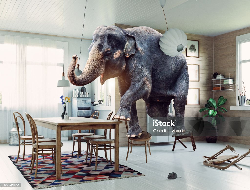 the elephant and the mouse Frightened elephant runs from mouse to table. Photo and media mixed creative illustration Elephant Stock Photo