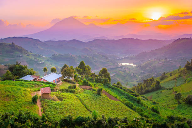 African village in the mountains at sunset Kisoro Uganda beautiful sunset over mountains and hills of pastures and farms in villages of Uganda. Amazing colorful sky and incredible landscape to travel and admire the beauty of nature in Africa uganda stock pictures, royalty-free photos & images