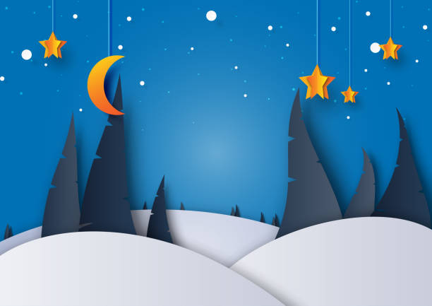 istock Night winter season landscape with pine tree,moon and stars background paper art style 1051535916