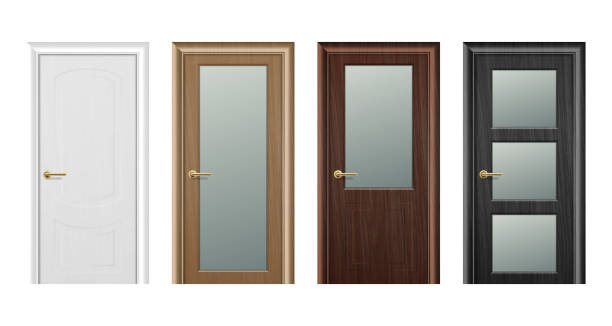 istock Vector realistic different closed white, brown and black wooden door icon set closeup isolated on white background. Elements of architecture. Design template for graphics. Colorful front doors to houses and buildings collection. Front view 1051538420