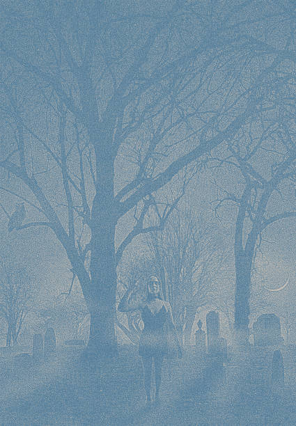gespenstischen friedhof in einer nebligen nacht mit weiblichen vampir - women ghost walking old fashioned stock-grafiken, -clipart, -cartoons und -symbole