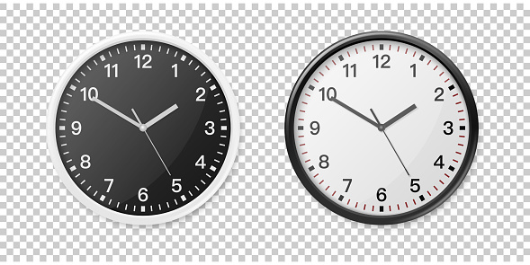 Realistic White and Black Wall Office Clock Icon Set. Design Template for Mockup, Graphics, Branding, Advertise. Wall Clock Mock-up Closeup Isolated on Transparent Background. Front or Top View.