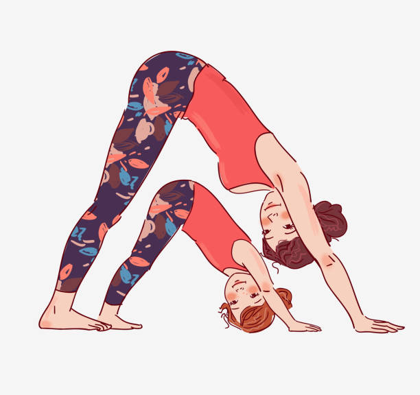 구슬눈꼬리 및 딸이다 하고 요가 - white background yoga exercising women stock illustrations